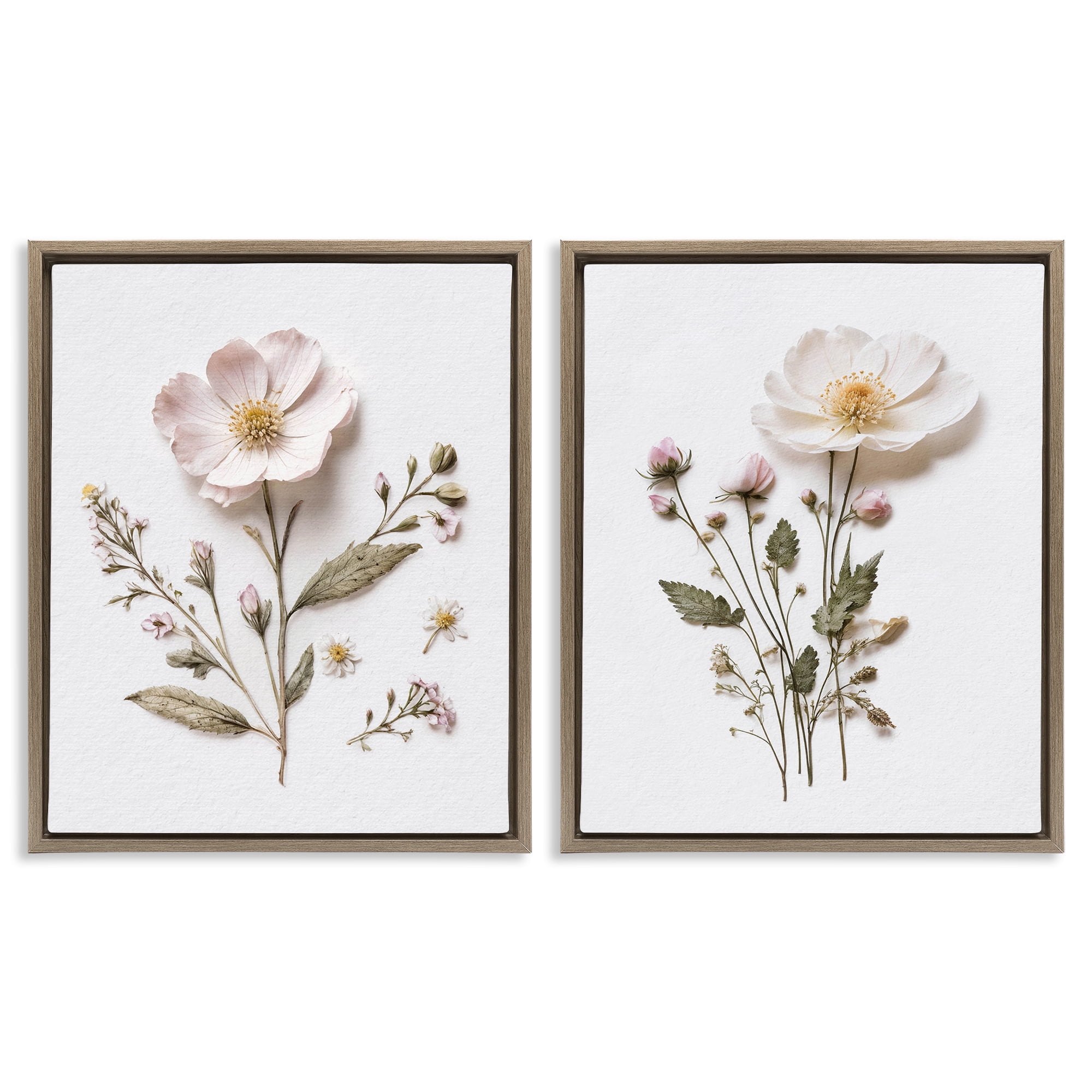 Minimal Pressed Flowers 2 Piece Brown Framed Floater Canvas Set, design by Lettered and Lined