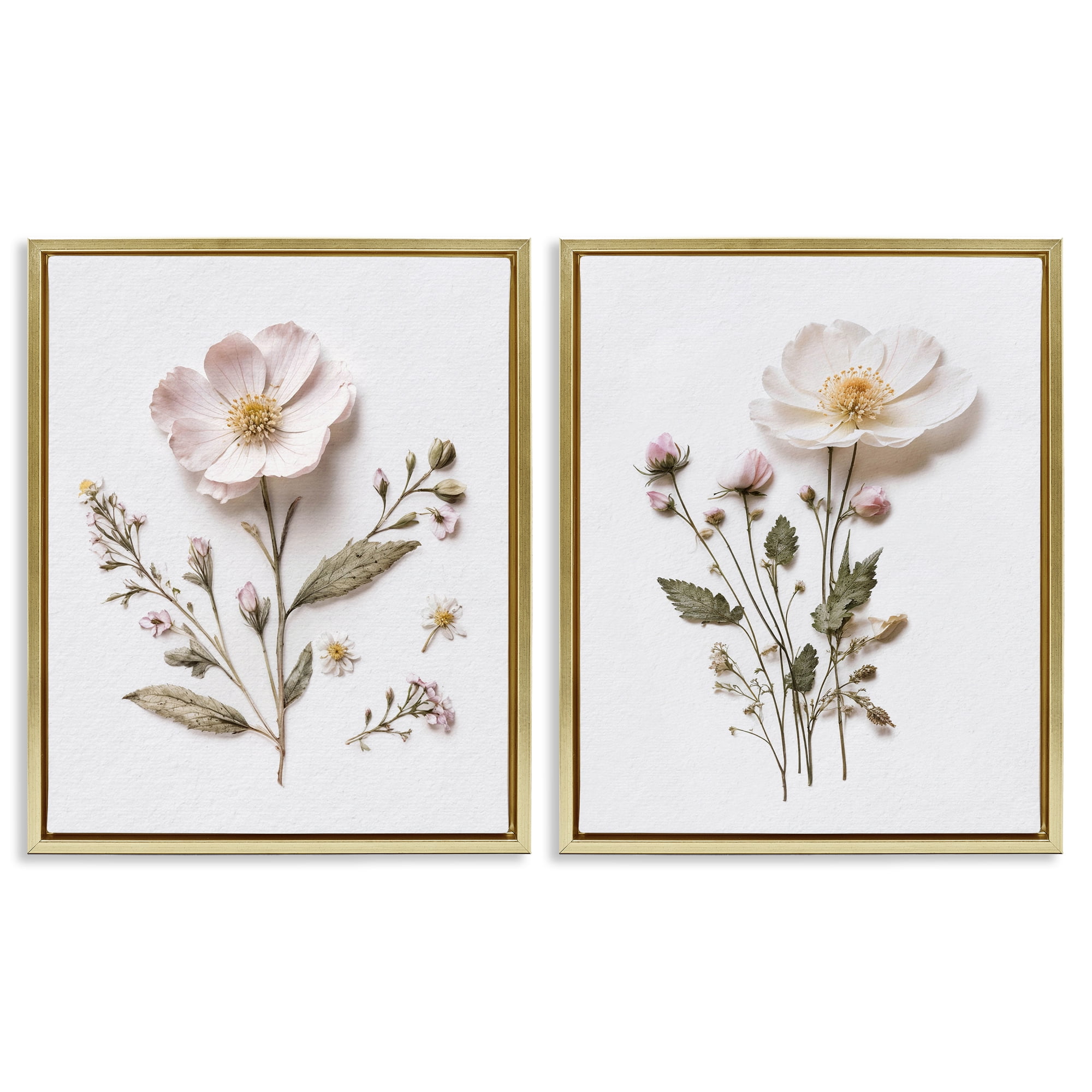 Minimal Pressed Flowers 2 Piece Gold Framed Floater Canvas Set, design by Lettered and Lined