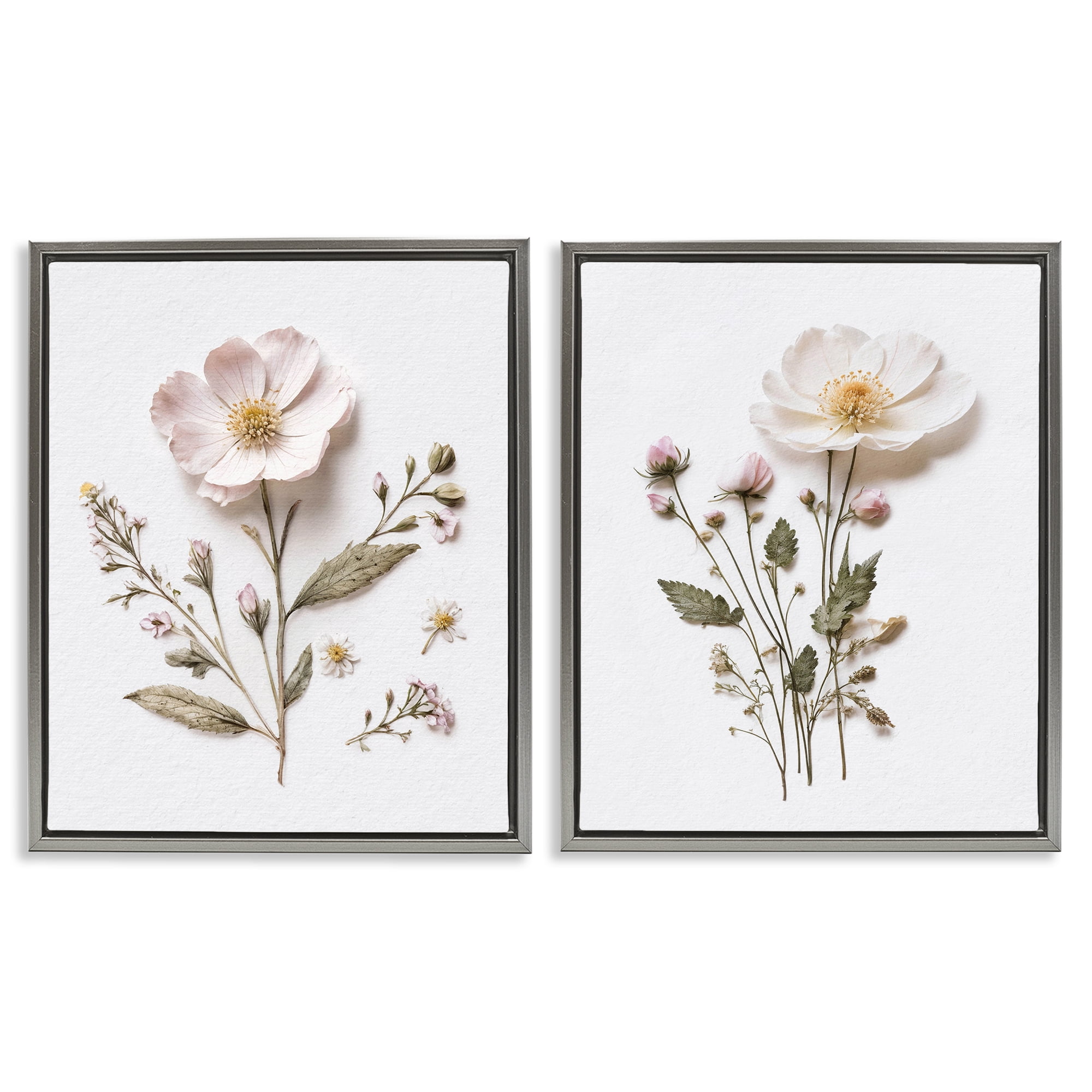 Minimal Pressed Flowers 2 Piece Gray Framed Floater Canvas Set, design by Lettered and Lined