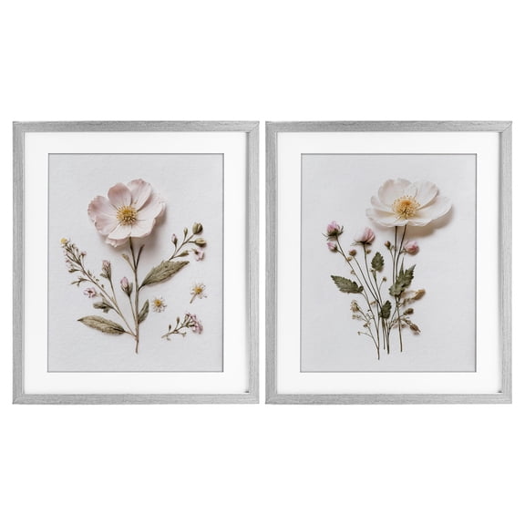 Minimal Pressed Flowers 2 Piece Gray Framed Print Under Glass Set, design by Lettered and Lined