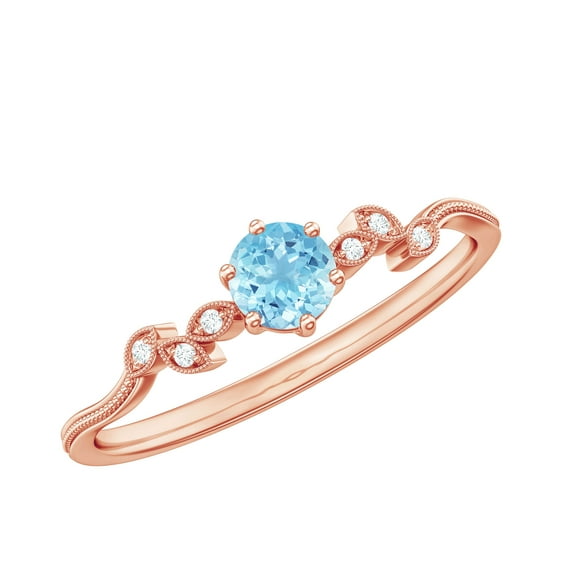 Rosec Jewels Natural Aquamarine and Diamond Ring - Leaf Inspired Promise Ring for Women - Ready to Gift for Valentines Day, 18K Rose Gold, US 5.00