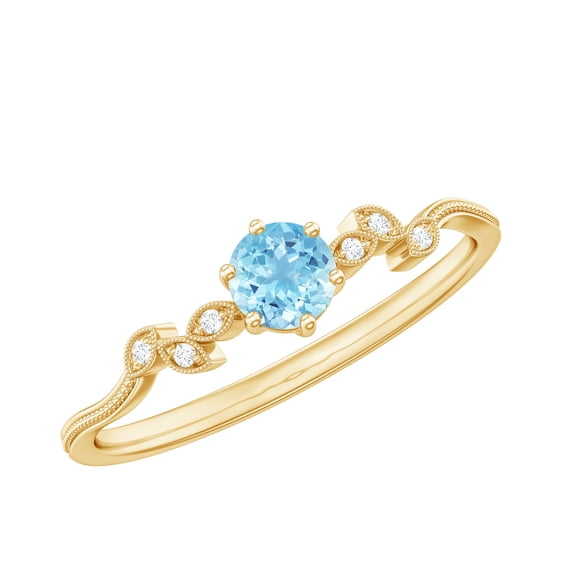 Rosec Jewels Natural Aquamarine and Diamond Ring - Leaf Inspired Promise Ring for Women - Ready to Gift for Valentines Day, 18K Yellow Gold, US 8.00