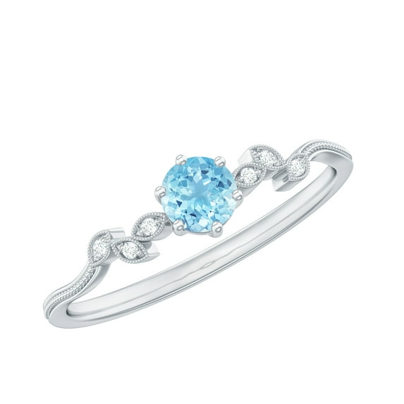 Rosec Jewels Natural Aquamarine and Diamond Ring - Leaf Inspired Promise Ring for Women - Ready to Gift for Valentines Day, 925 Sterling Silver, US 4.00