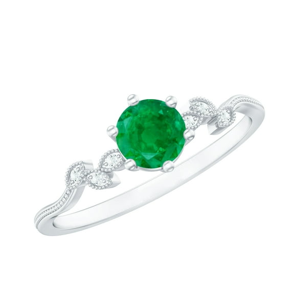 Rosec Jewels Minimal Promise Ring with Emerald and Diamond for Women (AAA Quality), 14K White Gold, US 5.00