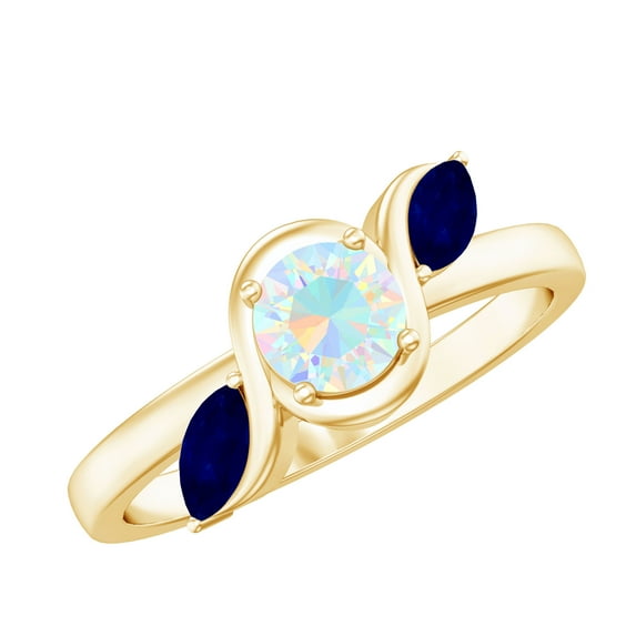 Minimal Promise Ring with Ethiopian Opal and Blue Sapphire for Women - AAA Grade, 10K Yellow Gold, US 11.50