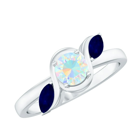 Minimal Promise Ring with Ethiopian Opal and Blue Sapphire for Women - AAA Grade, 14K White Gold, US 7.00