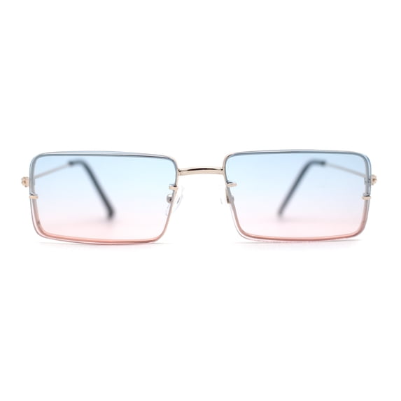 Minimal Rimless Slim Rectangle Classy Gradient Lens Sunglasses Gold Blue Pink