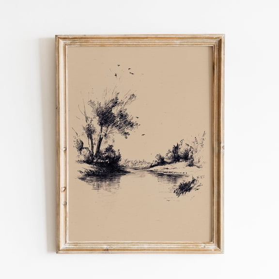 Minimal River Landscape Sketch Vintage Countryside Calm Nature Hand Draw Rustic Lake Pastoral Graphic Poster Unframed Paper Print