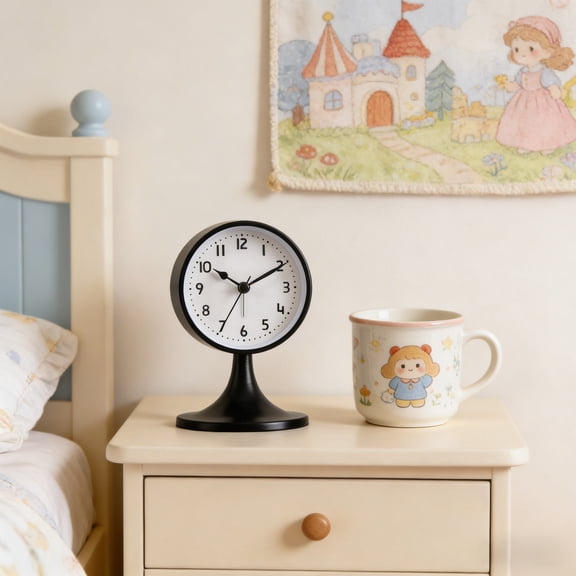 Minimal Round Pedestal Table Clock, Silent Quartz Analog Desk Clock, 4.9x3.1x3.1 in, Non-Ticking, Easy-Read Dial, Battery Operated, Scandinavian Design for Bedroom Living Room Office