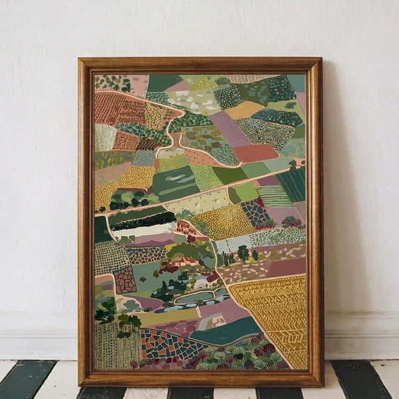 Patchwork Minimal Rustic Art Sage Green Print Scenic Countryside Field Patchwork ...
