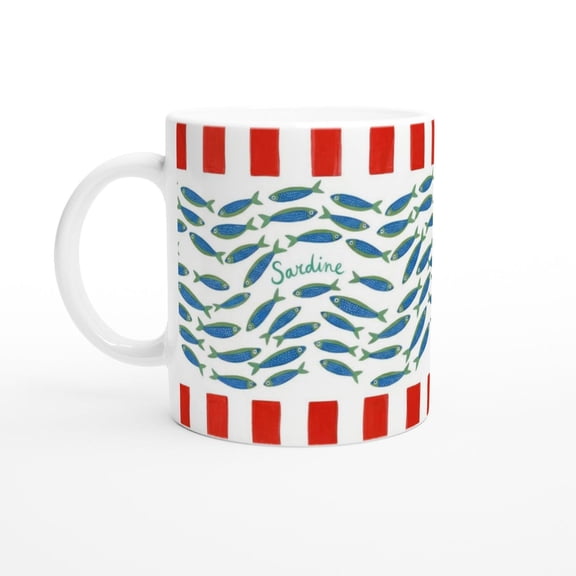 Minimal Sardine Fish Pattern Coffee Mug, Nautical Coastal Marine Life Design Cup, Red Stripe Ocean Drinkware for Home Kitchen, Ceramic Mug 11oz