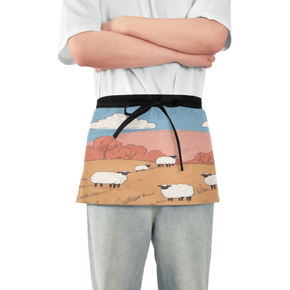 Minimal Sheeps on Lawn Server Apron with 3 Pockets Waterproof Waitress Waist Short Apron for Man Woman 12 Inches