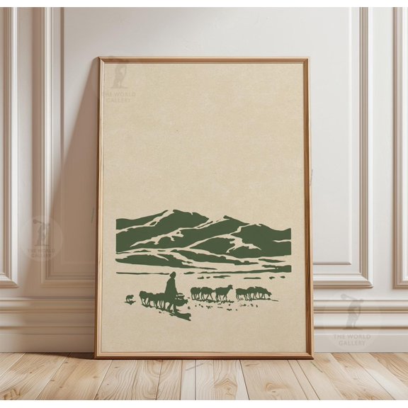 Minimal Shepherd Landscape Print Mountain Valley Rustic Nature Art