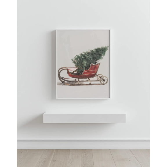 Minimal Sleigh Print | Red Sleigh With Tree Poster | Neutral Winter Artwork, Unframed Poster Size 16x24