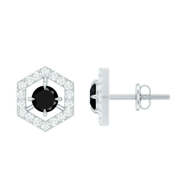 Rosec Jewels Minimal Stud Earrings with Black Spinel and Diamond for Women - AAA Grade, 10K White Gold