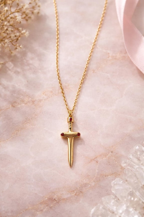 Minimal Sword Pendant Necklace, Ruby Gold Dagger 925 Sterling Silver Dainty Minimalist Necklace For Women