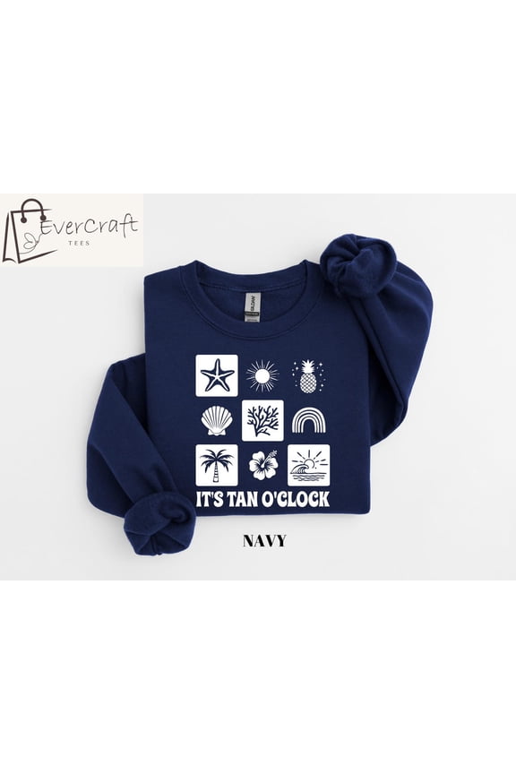 Minimal It'S Tan O'Clock Womens Sweatshirt, Trendy Varsity Mom Tee Shirt, Oversized Casual Summer Shirt, Fun And Funky Tropical Beach Shirts, Full size S-5XL