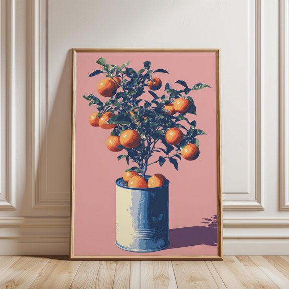 Minimal Tangerine Tree In Metal Vase Against Soft Pink Background Modern Botanical Wall Decor Citrus, Unframed Paper Print