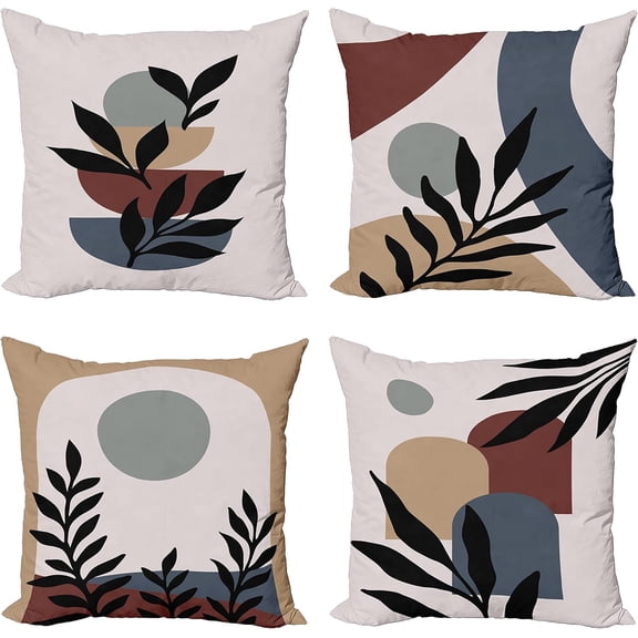 Minimal Throw Pillow Cushion Case Pack of 4, Modern Style Leaf Branch and Geometric Abstract Details Contemporary, Modern Accent Double-Sided Digital Printing, 20", Tan Slate Blue and Rust