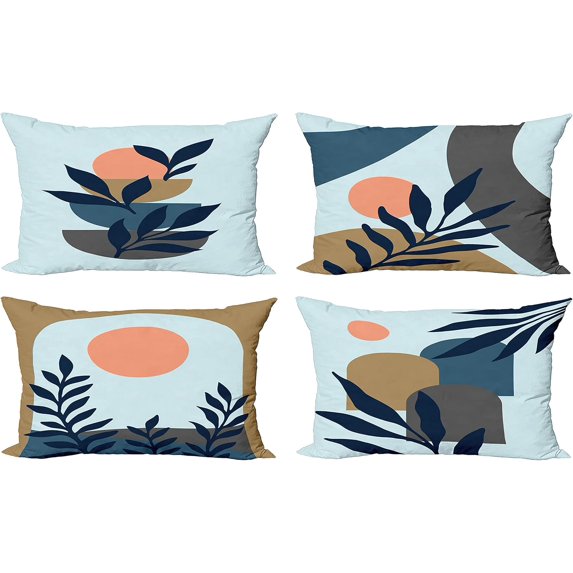 Minimal Throw Pillow Cushion Case Pack of 4, Modern Style Leaf Branch and Geometric Abstract Details Contemporary, Modern Accent Double-Sided Printing, 20" x 12", Soft Blue Grey and Fawn