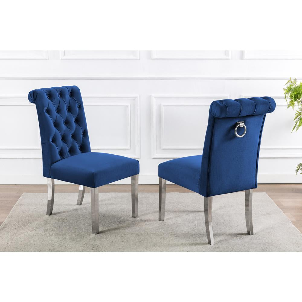 Navy Blue Velvet Upholstered Side Chairs with Silver Metal Accents (Set of 2)