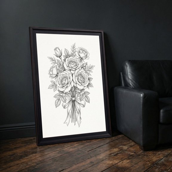 Minimal Vintage Monochrome Rose Flower Bouquet Line Art Wall Art Vintage Home Decor