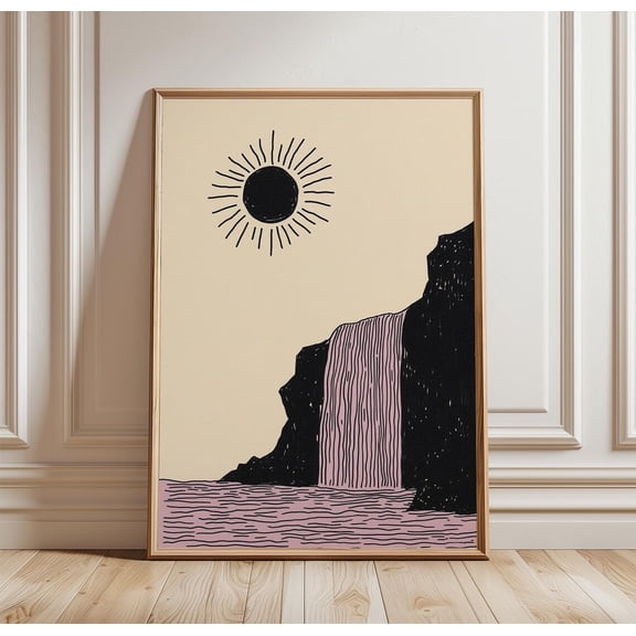 Minimal Waterfall Poster Abstract Canyon Wall Art Dark Sun Decor, Unframed Poster