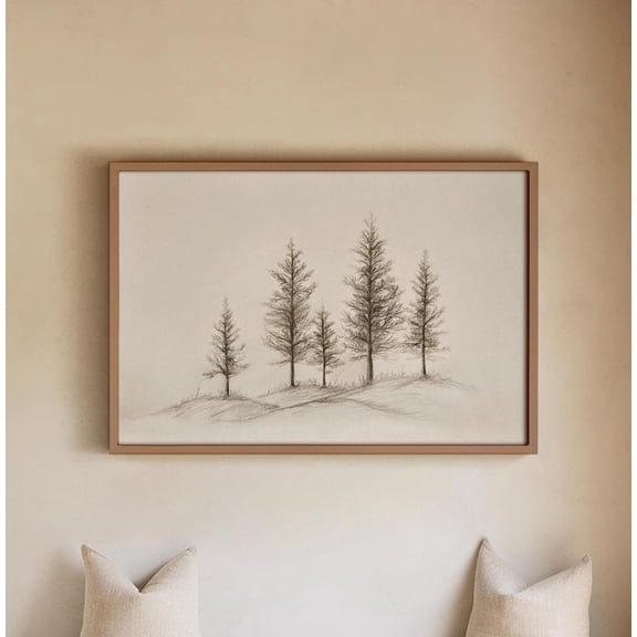 Minimal Winter Art Print, Pine Tree Charcoal Sketch, Snowy Artwork Home Decor #88, Unframed Canvas Size 24x36
