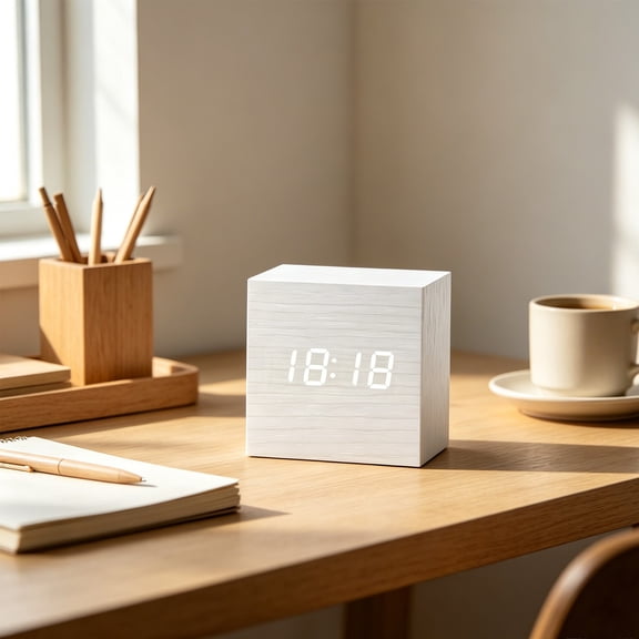 Minimal Wooden Digital Desk Clock, Voice Control Alarm Clock, Temperature Date Display Clock, Compact Wooden Block Clock for Bedroom, Office, Home Decor and Desktop Ornaments