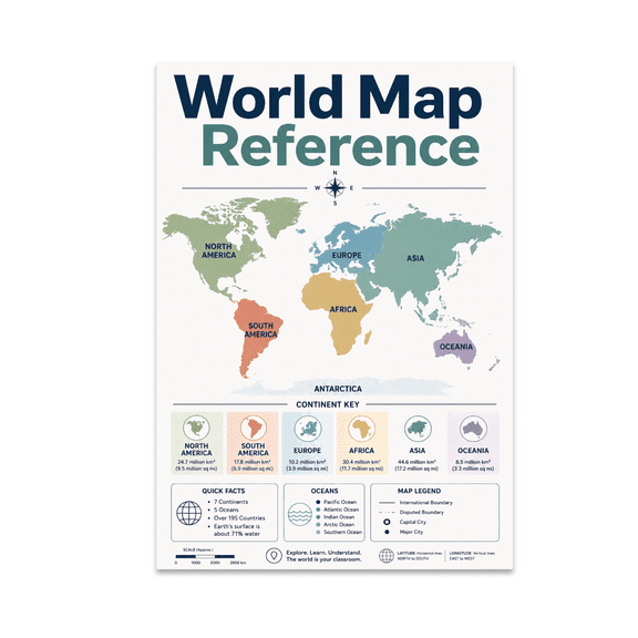 Minimal World Map Decor - Geography Classroom Reference - 13x19 Poster Print