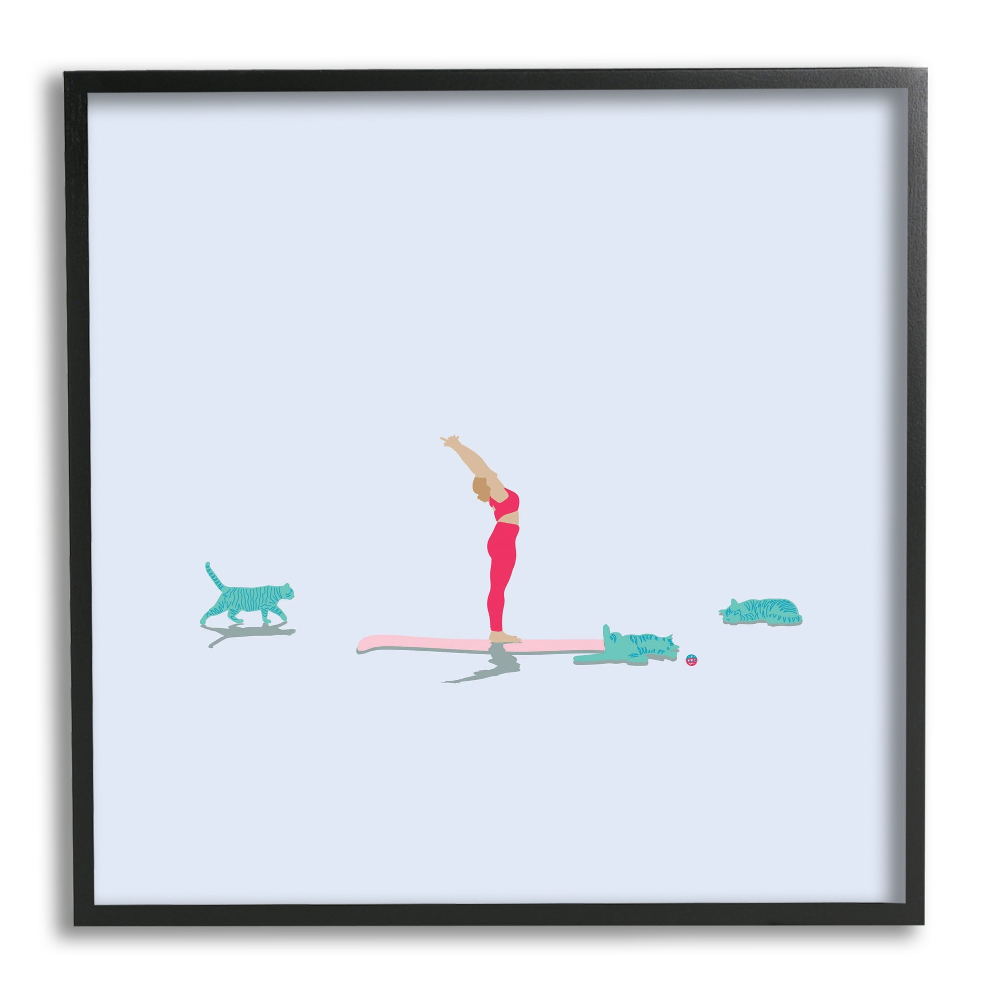 Minimal Yoga Stretch Feline Cats Relaxing over Blue Animals & Insects Framed Art Print Wall Art, 17x17