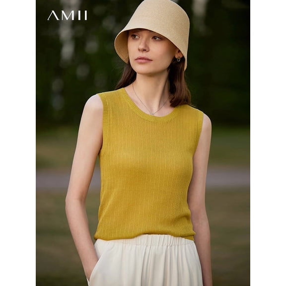 Minimalism 2023 Summer New Woman Clothing Sleeveless O Neck Office Lady Knitted Female Chic Straight Camisole&Vest 72322002