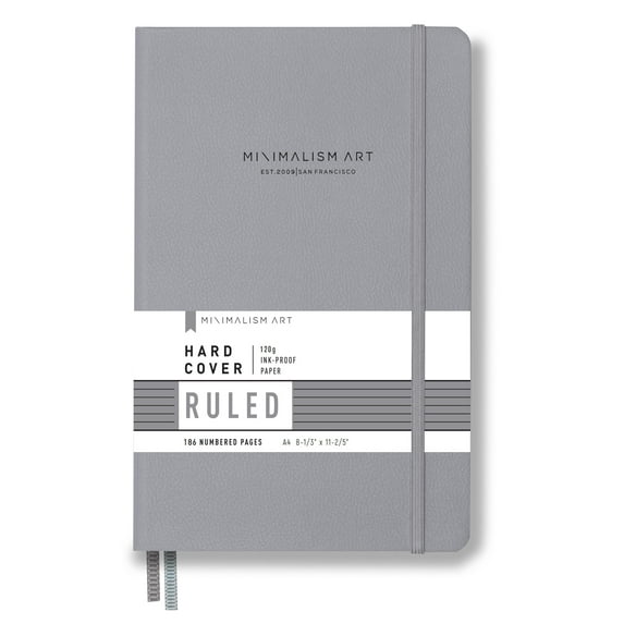 Minimalism Art, Premium Hard Cover Notebook Journal, X-Large Size, Master A4 8.3" x 11.4", 186 Numbered Pages, Gusseted Pocket, Ribbon Bookmark, Extra Thick Ink-Proof Paper 120gsm (Wide Ruled, Gray)