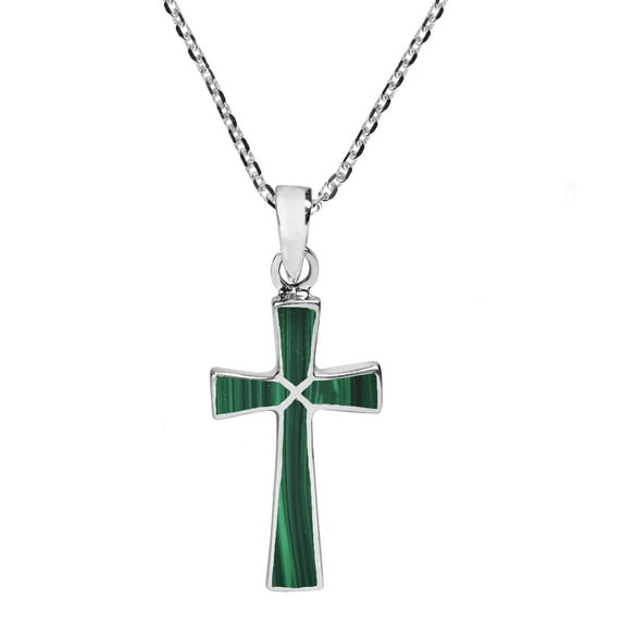 Minimalism Christian Cross Green Malachite Sterling Silver Necklace