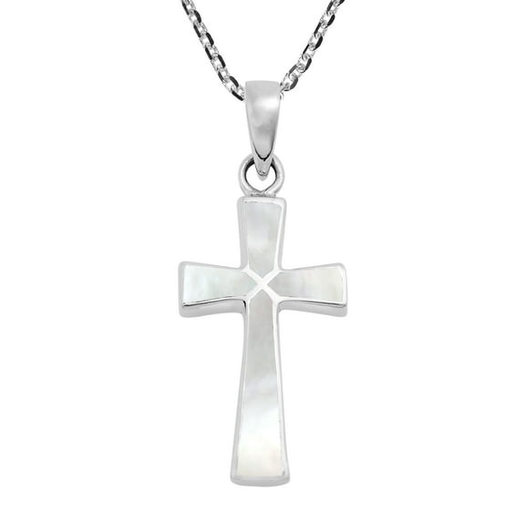Minimalism Christian Cross Light Mother of Pearl .925 Sterling Silver Pendant Necklace