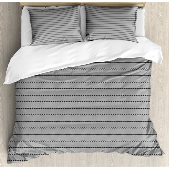 Minimalism Duvet Cover Set, Contemporary Zigzag Horizontal Stripes Chevron Boho Tribal Art Nouveau, Decorative 3 Piece Bedding Set with 2 Pillow Shams, Queen Size, Black White and Grey, by Ambesonne