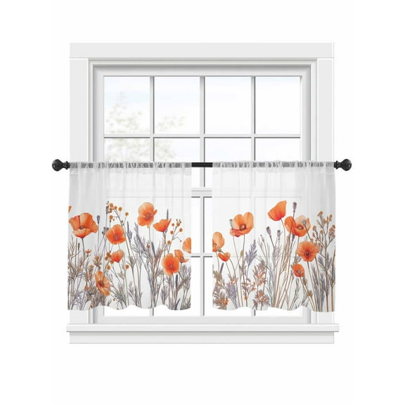 Minimalism Floral Sheer Curtains 2 Panels Set Red Plant Watercolor White Background Sheer Window Curtains Light Filtering Rod Pocket Voile Drapes for Bedroom Living Room 52"x45"