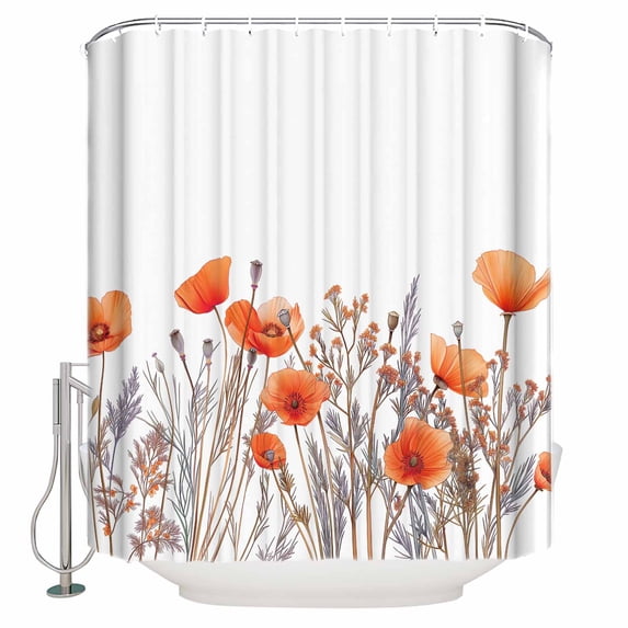 Minimalism Floral Shower Curtain, 60" x 72", Red Plant Watercolor White Background Waterproof Bathroom Curtain Washable Shower Curtain Set with 12 Hooks