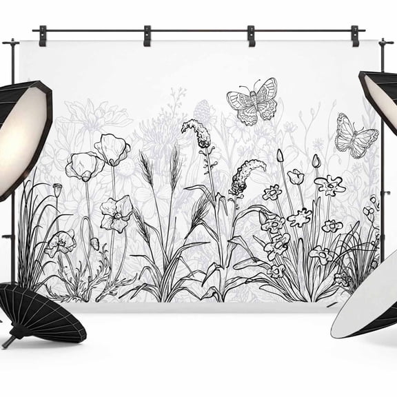Minimalism Flower Backdrop for Photography, Line Drawing Simple Plants Black Grey Photo Backdrop Portrait Background Party Banner Photo Backgrounds for Studio Booth Props, 7x5ft