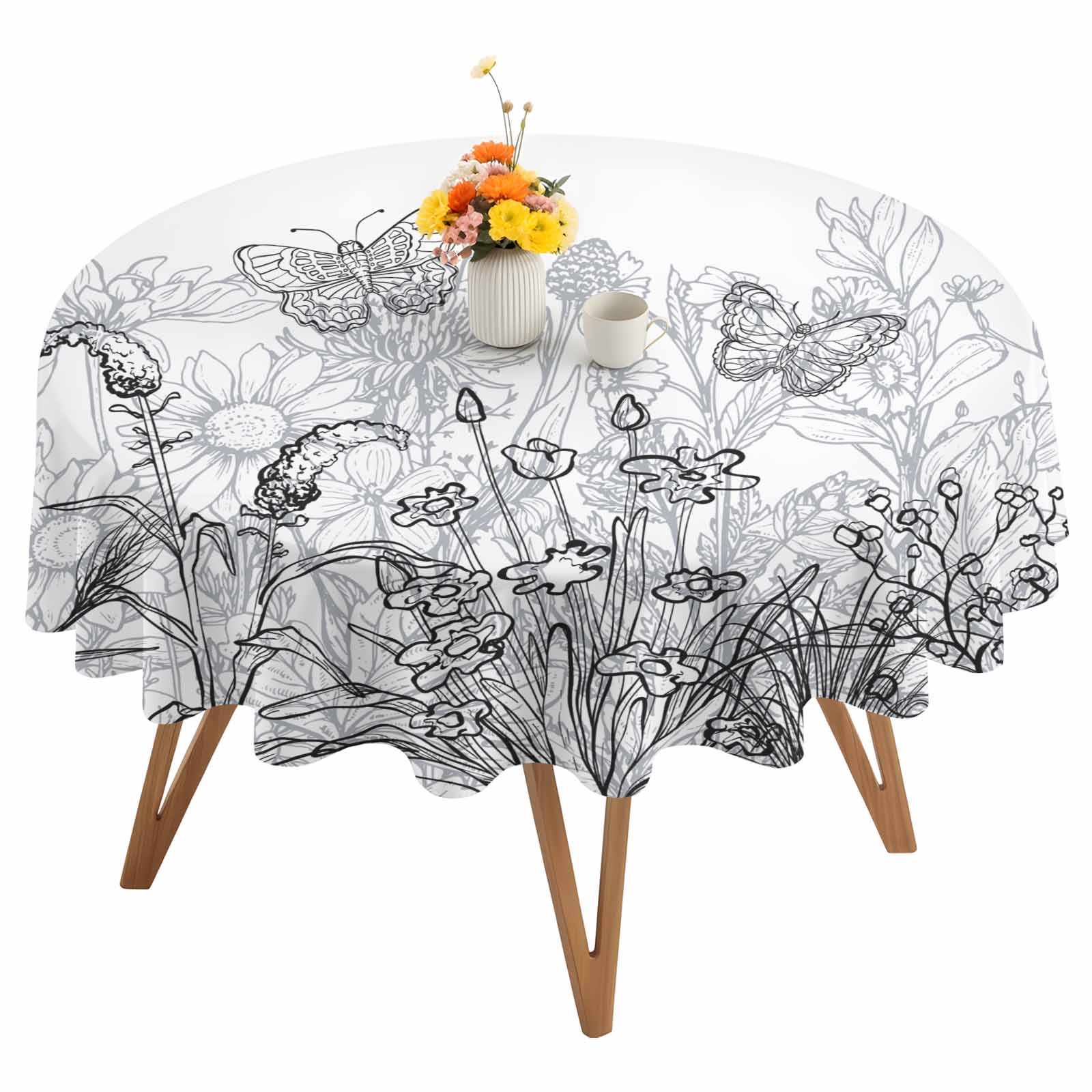 Tablecloth Line Drawing Minimalism Flower Round Tablecloth 60 inches Line Drawing Simple Plants ...