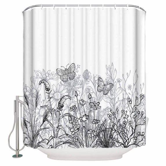 Minimalism Flower Shower Curtain, 60" x 72", Line Drawing Simple Plants Black Grey Waterproof Bathroom Curtain Washable Shower Curtain Set with 12 Hooks