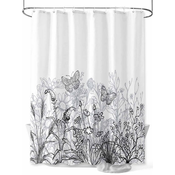Minimalism Flower Shower Curtain, Line Drawing Simple Plants Black Grey Waterproof Shower Curtain Set with 12 Hooks Lightweight Washable Fabric Shower Curtains for Bathroom 48x72 Inches