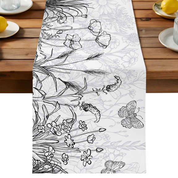 Minimalism Flower Table Runner, Line Drawing Simple Plants Black Grey Cotton Linen Table Cloth, Tablerunner for Kitchen Dining Party Wedding Home Decor 13x36 Inch