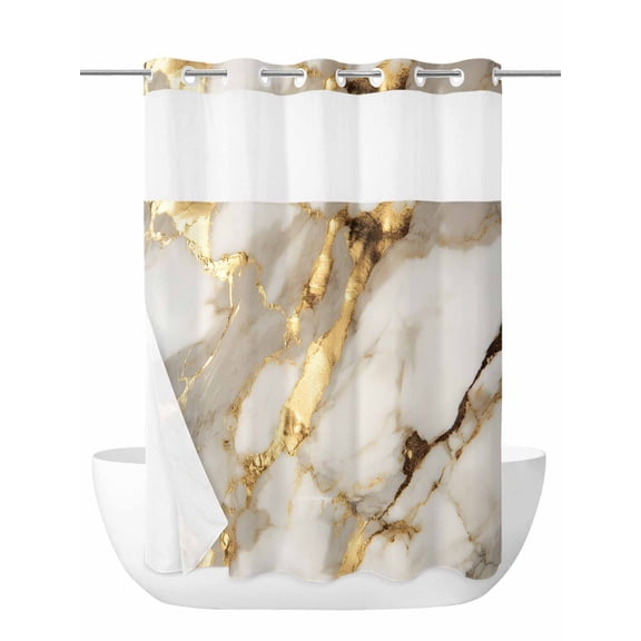 Minimalism No Hook Shower Curtain and Liner Set Marble Texture Gold White Crack Stone Abstract Art Shower Curtains with Snap-in Liner & See Through Top Window Hotel Style for Bathroom 72x84 Inch