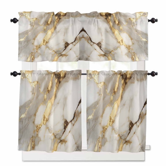 Minimalism Kitchen Curtains and Valances Set, Marble Texture Gold White Crack Stone Abstract Art Rod Pocket Window Valance Window Curtain Panels for Living Room Bedroom Laundry, 27.5x36in, 3 Pieces