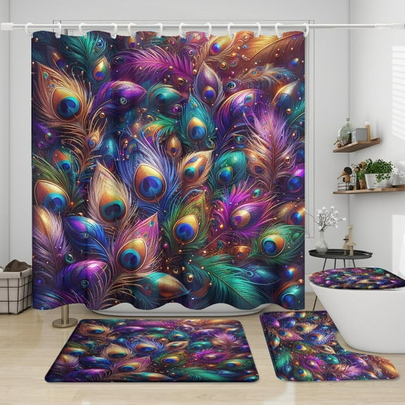 Minimalism Peacock Feathers Shower Curtain Sets 4 Piece,Abstract Modern Art Peacock Feather Bathroom Decor Sets with Rugs Include Waterproof Non-Slip Toilet Lid Cover Bath Mat