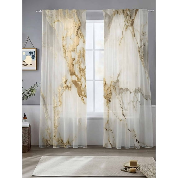 Minimalism Sheer Curtains 108 Inches Long 2 Panels White Marble Texture Gold Crack Stone Abstract Art Light Filtering Semi Sheer Window Curtains Drapes for Bedroom Living Room 52"x108"