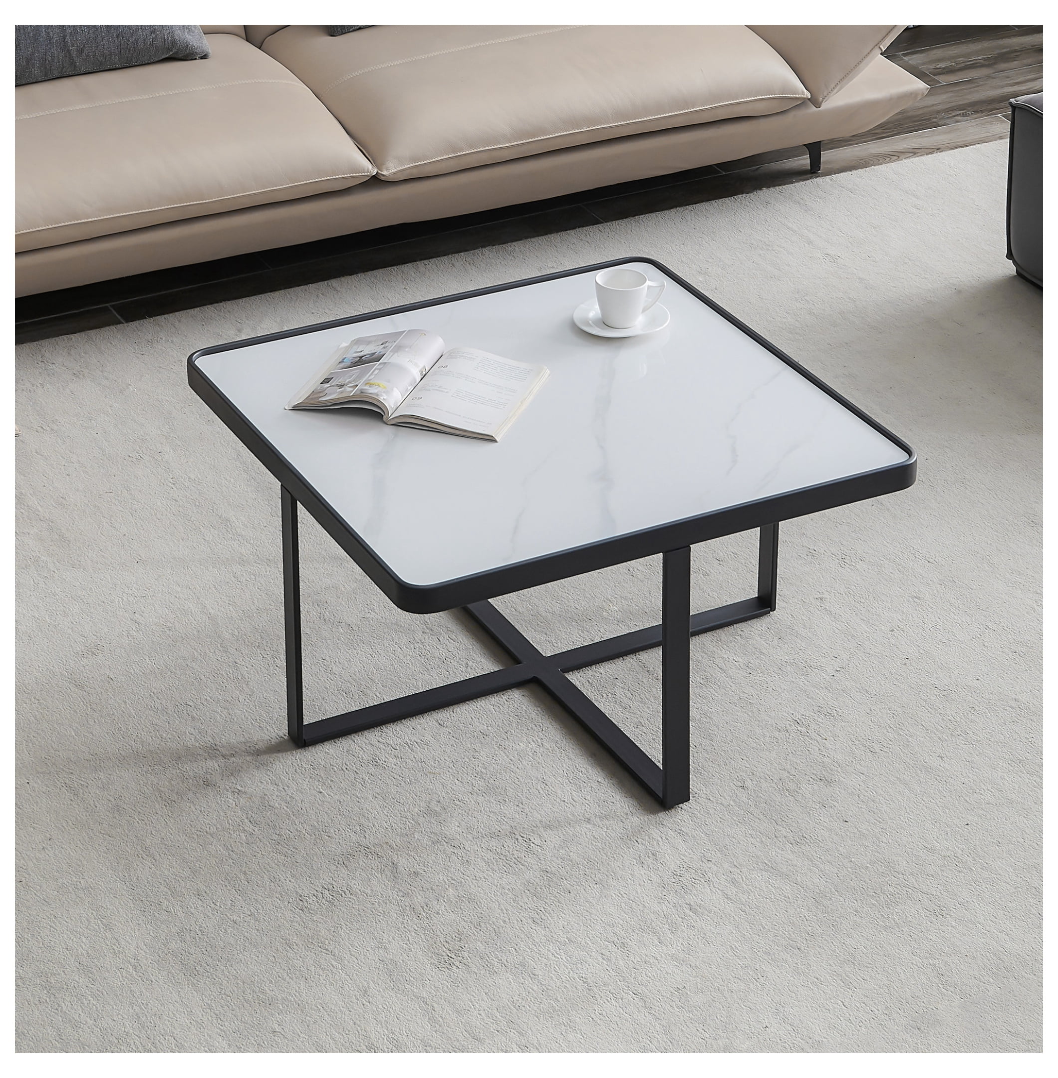 Image showcasing Minimalism Square coffee table，Black metal frame with sintered stone ...