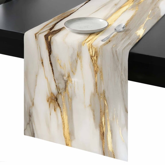 Minimalism Table Runner 13x48 Inch Marble Texture Gold White Crack Stone Abstract Art Table Runner Non-Slip Dresser Scarves for Holiday Decorations, Party, Dinner and Gatherings, 1 Pack