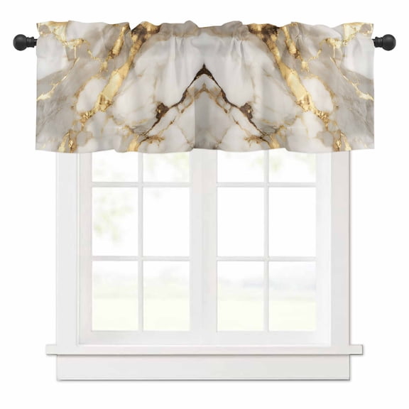Minimalism Valances for Windows Marble Texture Gold White Crack Stone Abstract Art Rod Pocket Curtain Valance Window Treatment Short Curtains for Kitchen Living Room, 58"x16"